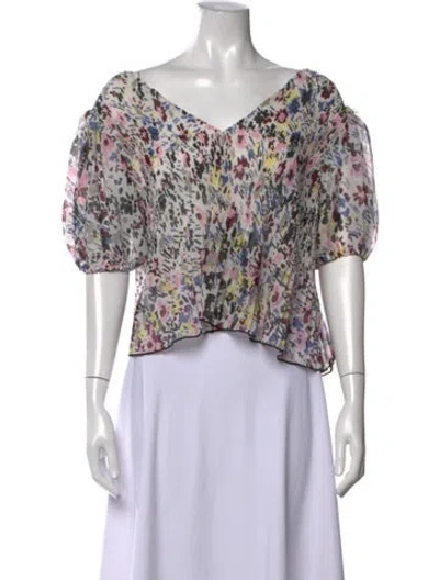 Pre-owned Ganni Floral Print V-neck Blouse W/ Tags In White