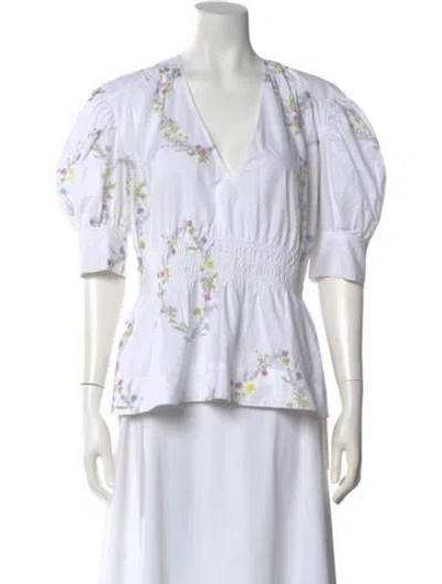 Pre-owned Ganni Floral Print V-neck Blouse In White