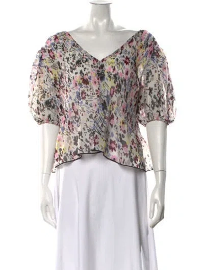 Pre-owned Ganni Floral Print V-neck Blouse In White