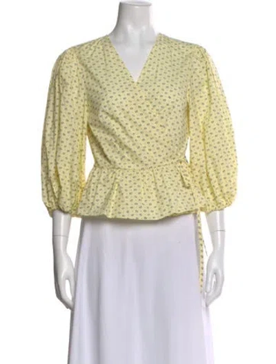 Pre-owned Ganni Floral Print V-neck Blouse In Yellow