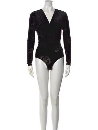 Pre-owned Ganni Floral Print V-neck Bodysuit In Black