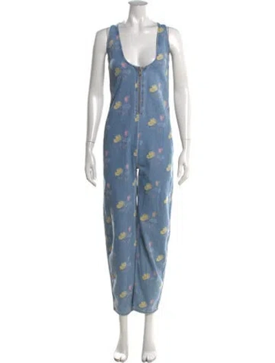 Pre-owned Ganni Floral Print V-neck Jumpsuit W/ Tags In Blue