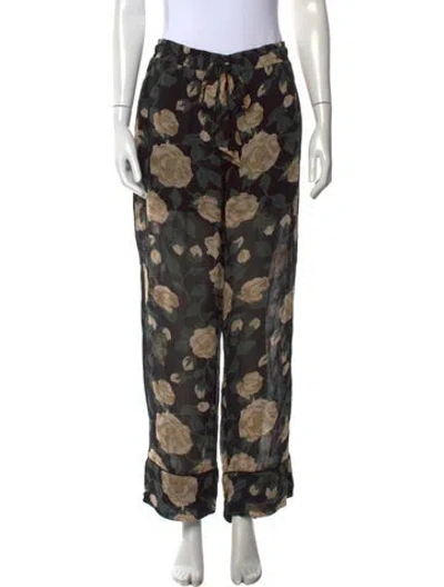 Pre-owned Ganni Floral Print Wide Leg Pants In Black