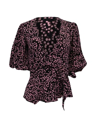 Pre-owned Ganni Floral-print Wrap Blouse In Black
