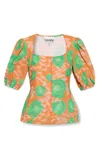 Ganni Women Crepe Blouse With Floral Print In Orange