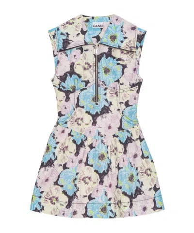 Ganni Floral Printed Cotton Mini Dress In Multi
