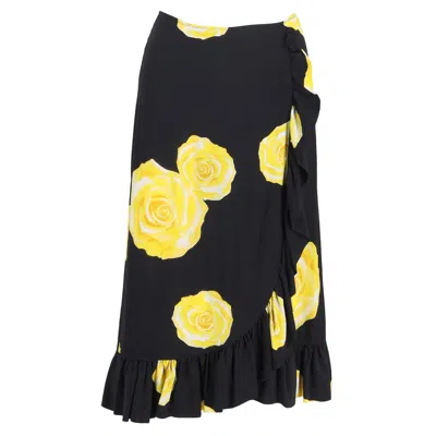 Ganni Floral Printed Midi Ruffled Skirt In Black Silk