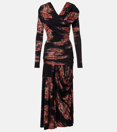 GANNI FLORAL RUCHED JERSEY MAXI DRESS