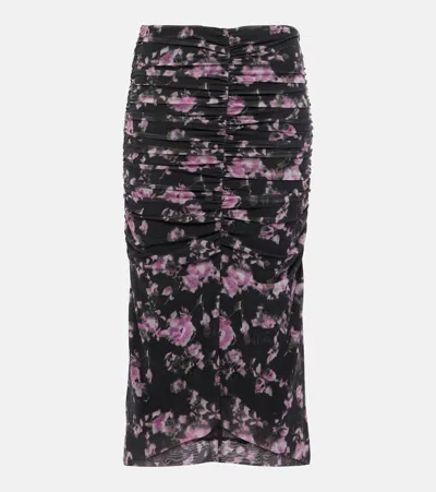 Ganni Printed Mesh Ruched Midi Skirt In Multicolour