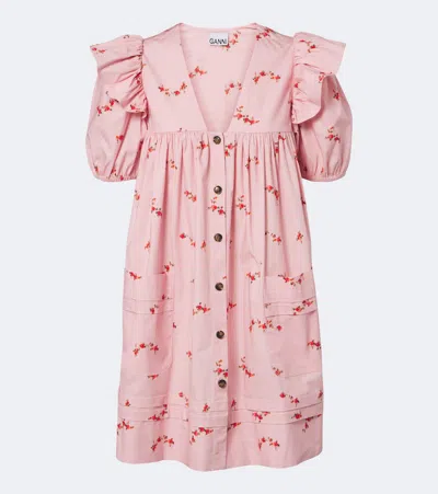 Ganni Floral Ruffled Cotton-blend Poplin Minidress In Pink