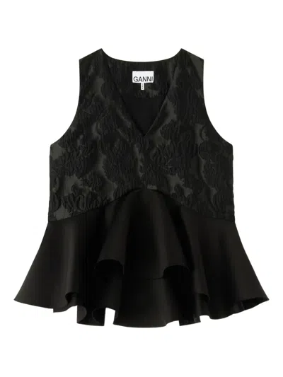 Ganni Jacquard Peplum Top In Black