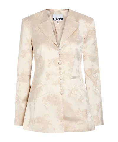 Ganni Floral Satin Blazer In White
