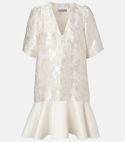 Ganni Floral Satin Cloqué Minidress In White