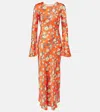 Ganni Floral-print Satin Maxi Dress In Orange