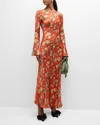 Ganni Floral-print Satin Maxi Dress In Poinciana