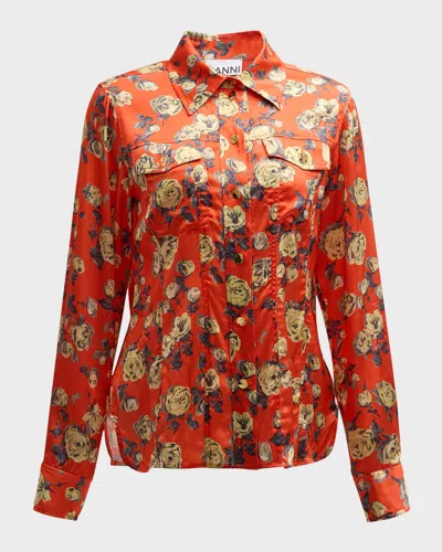 Ganni Floral Satin Shirt In Poinciana