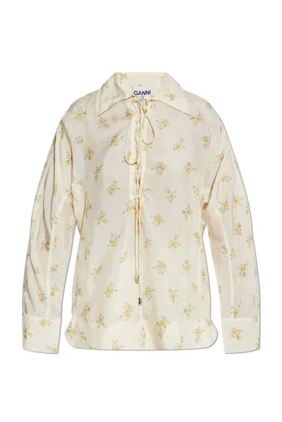 Ganni Off-white Floral Tie String Shirt In Beige