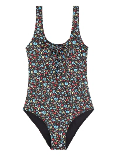 Ganni Floral Tie Swimsuit In Multi