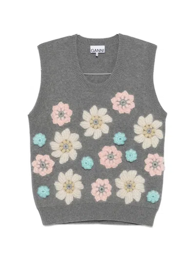 Ganni Floral Vest In Gray