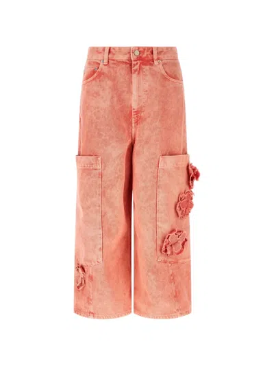 Ganni Floral-appliqué Cargo Jeans In Red