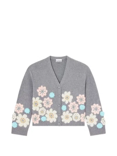 Ganni Floral-applique Knit Cardigan In Gray