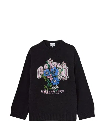 Ganni Made Of Wool-blended Knit With Floral Graphic In Blue