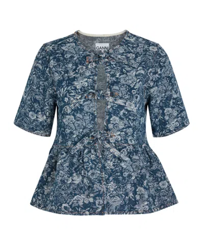 Ganni Floral-jacquard Denim Blouse In Blue