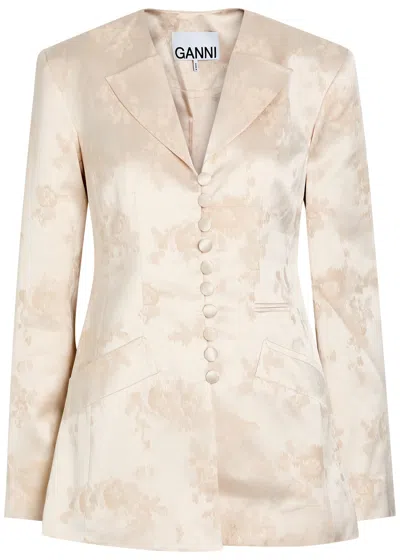 Ganni Floral-jacquard Satin Blazer In Neutral