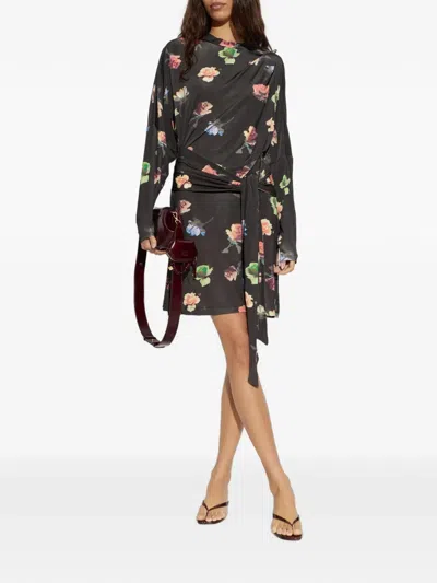 Ganni Floral-motif Tie-waist Mini Dress In Black