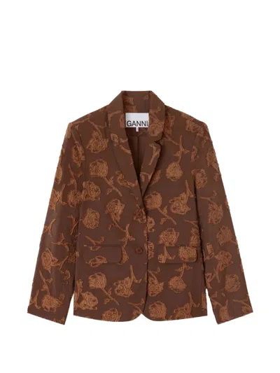 Ganni Floral-pattern Blazer In Brown