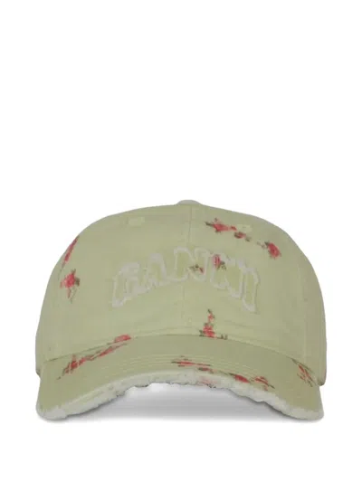 Ganni Floral-print Distressed Baseball Cap In Green