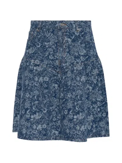 Ganni Floral-print Flared Skirt In Blue