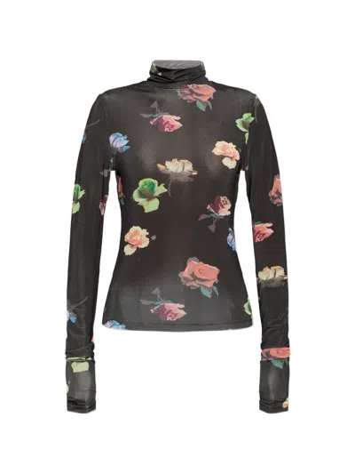Ganni Floral-print High-neck Top In Black
