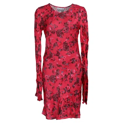 Pre-owned Ganni Floral-print Long Sleeve Mini Dress In Red Viscose
