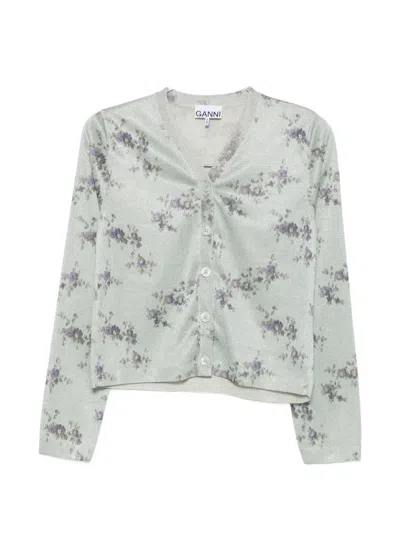 Ganni Floral-print Metallic-effect Cardigan In Green