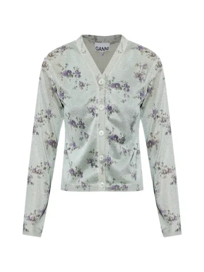 Ganni Floral-print Metallic-effect Cardigan In Multi