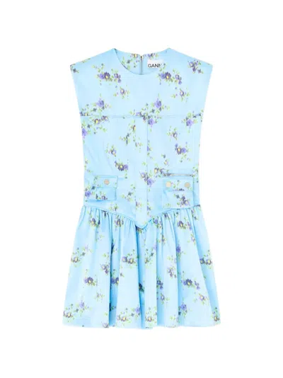 Ganni Printed Double Satin Corset Mini Dress Iced Aqua In Multi