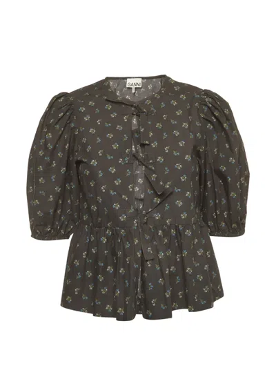 Pre-owned Ganni Floral-print Peplum Top In Black