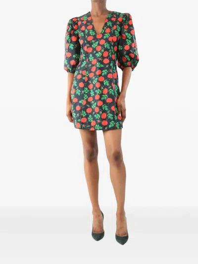 Pre-owned Ganni Floral-print Puff-sleeve Mini Dress In Black