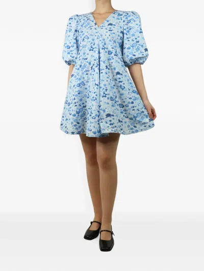 Pre-owned Ganni Floral-print Puff-sleeve Mini Dress In Blue