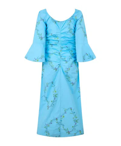Ganni Floral-print Ruched Midi Dress In Blue