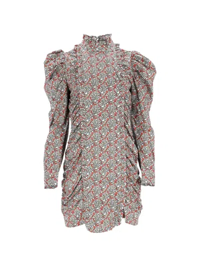 Pre-owned Ganni Floral-print Ruched Mini Dress In Black