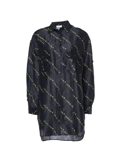 Pre-owned Ganni Floral-print Sheer Shirt In Black