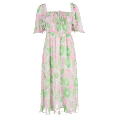 Pre-owned Ganni Floral-print Shirred Midi Dress In Multicolor Polyester