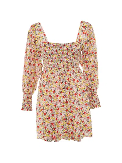 Pre-owned Ganni Floral-print Smocked Dress In White