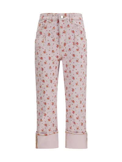 Ganni Floral-printed Stretch Denim Capri Pants In Pink