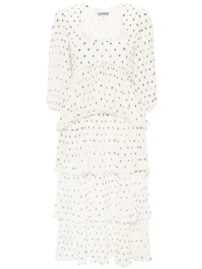 Ganni Flounce Smock Midi Dress In Multi