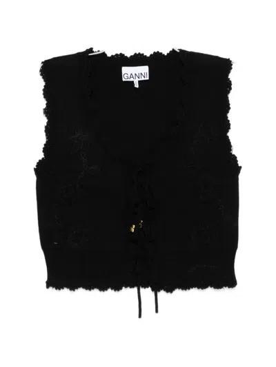 Ganni Flower-applique Sleeveless Cardigan In Black