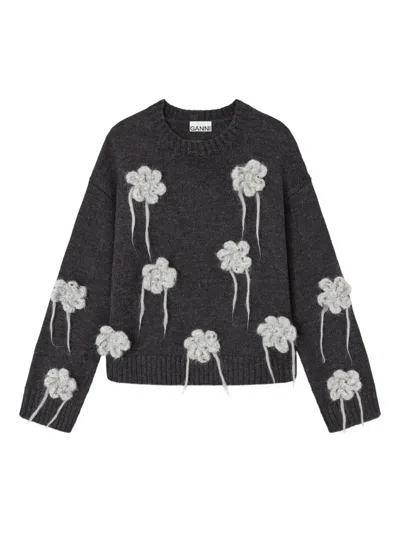 Ganni Flower-crochet Sweater In Gray