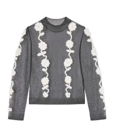 Ganni Sheer Flower Crochet Applique Top In Gray